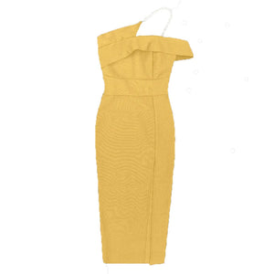 Chic Yellow One-Shoulder Midi Dress with Pearl Strap and Side Split