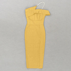 Chic Yellow One-Shoulder Midi Dress with Pearl Strap and Side Split