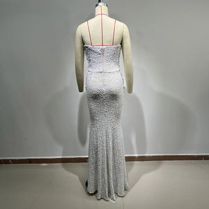 Elegant Beaded Pearl and Sequin Maxi Dress, Strapless Fishtail Gown with Pleated Detail