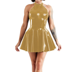 Multi-Color Shiny Halter Neck Sleeveless Pleated Mini Skater Dress PVC Leather Latex-look Clubwear A-line Swing Skirt Dress