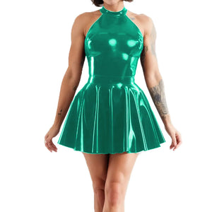 Multi-Color Shiny Halter Neck Sleeveless Pleated Mini Skater Dress PVC Leather Latex-look Clubwear A-line Swing Skirt Dress