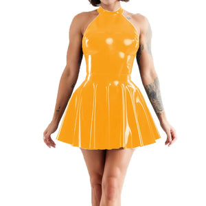 Multi-Color Shiny Halter Neck Sleeveless Pleated Mini Skater Dress PVC Leather Latex-look Clubwear A-line Swing Skirt Dress