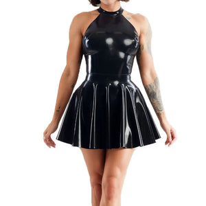 Multi-Color Shiny Halter Neck Sleeveless Pleated Mini Skater Dress PVC Leather Latex-look Clubwear A-line Swing Skirt Dress