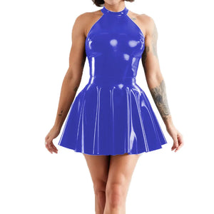 Multi-Color Shiny Halter Neck Sleeveless Pleated Mini Skater Dress PVC Leather Latex-look Clubwear A-line Swing Skirt Dress