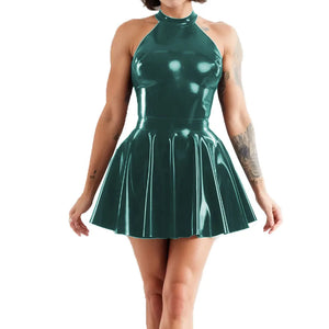 Multi-Color Shiny Halter Neck Sleeveless Pleated Mini Skater Dress PVC Leather Latex-look Clubwear A-line Swing Skirt Dress