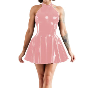 Multi-Color Shiny Halter Neck Sleeveless Pleated Mini Skater Dress PVC Leather Latex-look Clubwear A-line Swing Skirt Dress