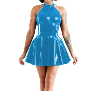 Multi-Color Shiny Halter Neck Sleeveless Pleated Mini Skater Dress PVC Leather Latex-look Clubwear A-line Swing Skirt Dress