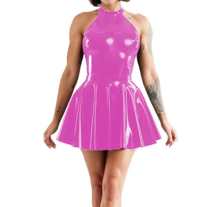 Multi-Color Shiny Halter Neck Sleeveless Pleated Mini Skater Dress PVC Leather Latex-look Clubwear A-line Swing Skirt Dress