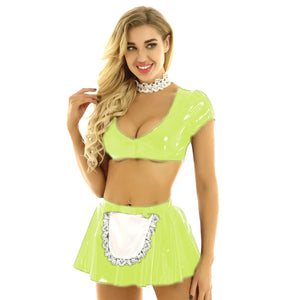 Women's Shiny Maid Cosplay Costume Clubwear Low Cut Crop Top Bodycon Mini Skirt Fancy Dress Set Multi-Color