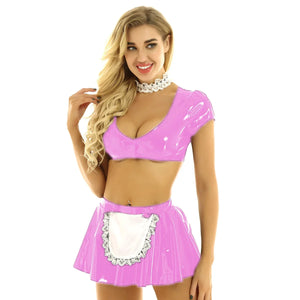 Women's Shiny Maid Cosplay Costume Clubwear Low Cut Crop Top Bodycon Mini Skirt Fancy Dress Set Multi-Color