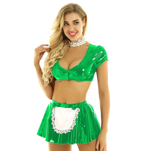 Women's Shiny Maid Cosplay Costume Clubwear Low Cut Crop Top Bodycon Mini Skirt Fancy Dress Set Multi-Color