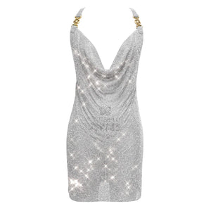 Blue Rhinestone Mesh Mini Dress with Cowl Neck and Criss-Cross Back for Clubwear