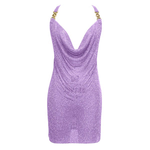 Blue Rhinestone Mesh Mini Dress with Cowl Neck and Criss-Cross Back for Clubwear