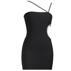 Black Rhinestone Crisscross Strap Mini Party Dress with Hollow Waist Detail