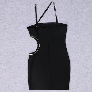 Black Rhinestone Crisscross Strap Mini Party Dress with Hollow Waist Detail