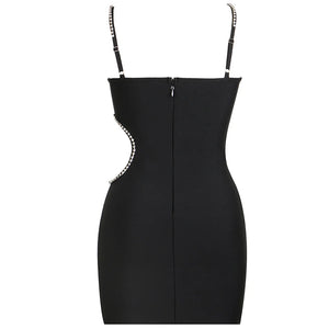 Black Rhinestone Crisscross Strap Mini Party Dress with Hollow Waist Detail