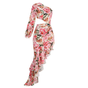 One-Shoulder Floral Maxi Dress with Cut-Out Waist and Asymmetric Ruffle Detail