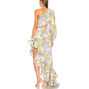 One-Shoulder Floral Maxi Dress with Cut-Out Waist and Asymmetric Ruffle Detail