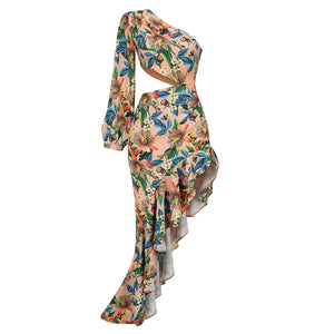 One-Shoulder Floral Maxi Dress with Cut-Out Waist and Asymmetric Ruffle Detail