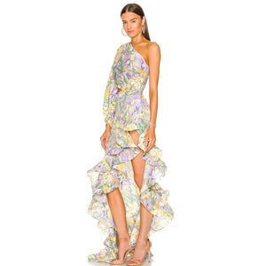 One-Shoulder Floral Maxi Dress with Cut-Out Waist and Asymmetric Ruffle Detail