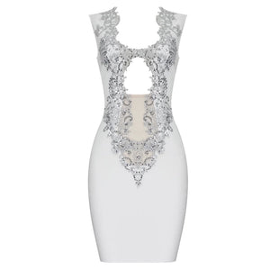 Women's White Sequin Embellished V-Neck Cut Out Bandage Mini Dress Mesh Sleeveless Bodycon