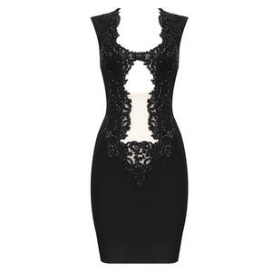 Women's White Sequin Embellished V-Neck Cut Out Bandage Mini Dress Mesh Sleeveless Bodycon