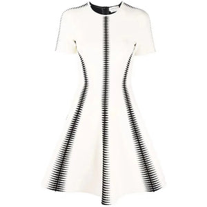 Optical Illusion Jacquard Dress - White and Black, Short Sleeve, Fluffy A-Line Mini Skirt