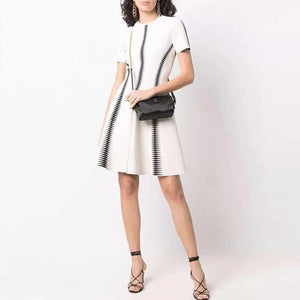 Optical Illusion Jacquard Dress - White and Black, Short Sleeve, Fluffy A-Line Mini Skirt