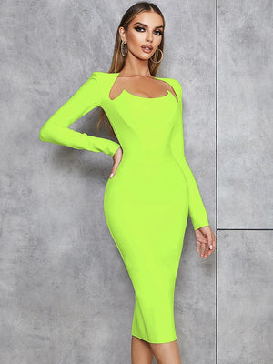 Neon Green Midi Dress with Long Sleeves and Square Collar for Women