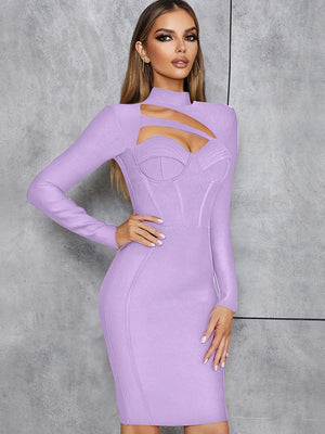 Women's Long Sleeve Orange Bodycon Midi Dress with Hollow Out Neckline for Evening Club Party