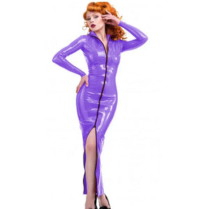 Women's Long Sleeve High Collar Zip Up PVC Leather Bodycon Maxi Dress Party Clubwear Multi-Color