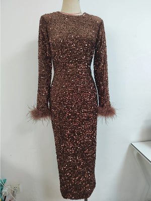 Long Sleeve Sequin Maxi Dress with Feather Cuffs and Side Split for Women