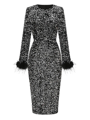 Long Sleeve Sequin Maxi Dress with Feather Cuffs and Side Split for Women