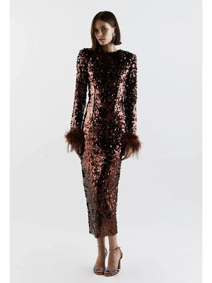 Long Sleeve Sequin Maxi Dress with Feather Cuffs and Side Split for Women