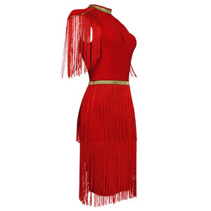 Gold-Striped Red Fringe Mini Dress with Mock Neck and Short Sleeves