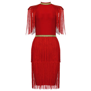 Gold-Striped Red Fringe Mini Dress with Mock Neck and Short Sleeves