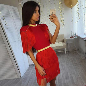 Gold-Striped Red Fringe Mini Dress with Mock Neck and Short Sleeves