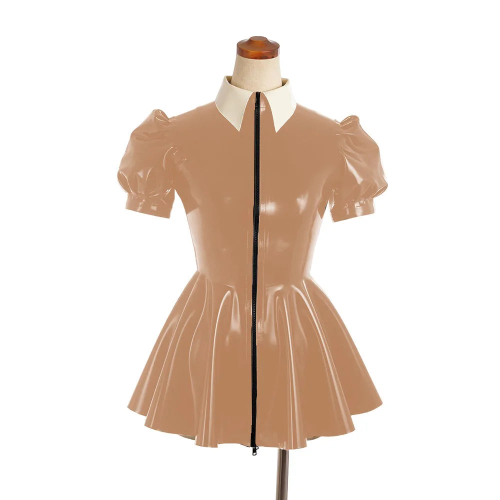 Shiny Vinyl PVC Leather A-line Mini Dress for Women with Puff Short Sleeves Multi-Color Clubwear Nightclub Party Dress