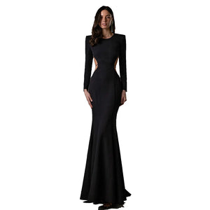 Elegant Women's Long Sleeve Diamond Chain Fishtail Dress for Red Carpet and Formal Events