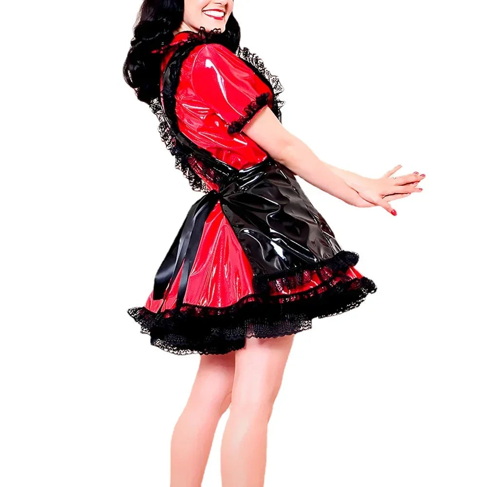 Wetlook Sweet Maid Costume Peter Pan Collar Short Sleeve A-line Dress with Apron Cosplay Party Club Outfit Multi-Color