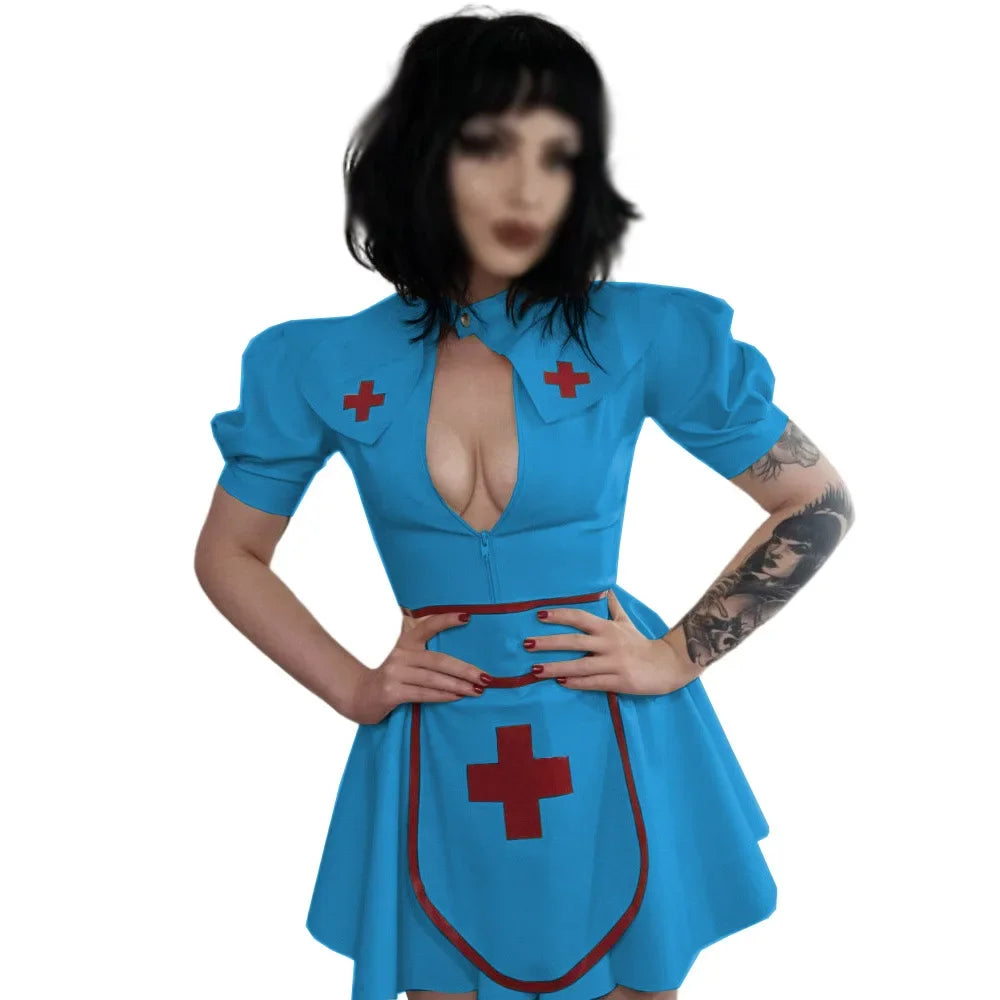 PVC Faux Latex Nurse Costume Puff Sleeve Dress Cosplay Mini Dress Apron Cape Set Party Multi-Color