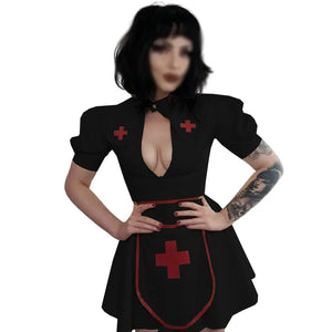 PVC Faux Latex Nurse Costume Puff Sleeve Dress Cosplay Mini Dress Apron Cape Set Party Multi-Color