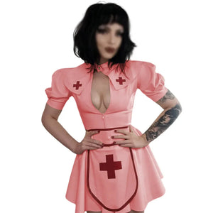 PVC Faux Latex Nurse Costume Puff Sleeve Dress Cosplay Mini Dress Apron Cape Set Party Multi-Color