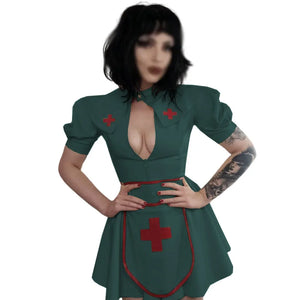 PVC Faux Latex Nurse Costume Puff Sleeve Dress Cosplay Mini Dress Apron Cape Set Party Multi-Color