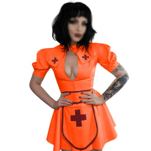 PVC Faux Latex Nurse Costume Puff Sleeve Dress Cosplay Mini Dress Apron Cape Set Party Multi-Color