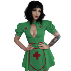 PVC Faux Latex Nurse Costume Puff Sleeve Dress Cosplay Mini Dress Apron Cape Set Party Multi-Color