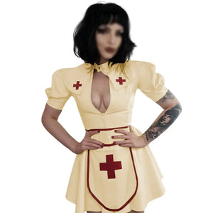 PVC Faux Latex Nurse Costume Puff Sleeve Dress Cosplay Mini Dress Apron Cape Set Party Multi-Color