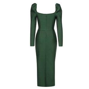 Elegant Green Midi Dress with Puff Shoulders and Long Sleeves, Fitted Evening Wear