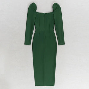 Elegant Green Midi Dress with Puff Shoulders and Long Sleeves, Fitted Evening Wear