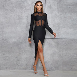 Black Long Sleeve Dress with Pleated Chest, Mesh Insert, and Asymmetrical Split Hem